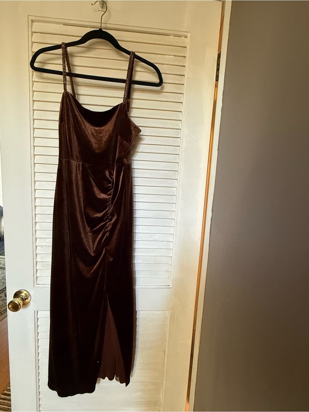 Taylor Chocolate Brown Velvet Midi Dress with Beaded Straps
